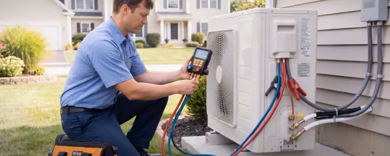 Rivo Comfort technician servicing an outdoor condenser